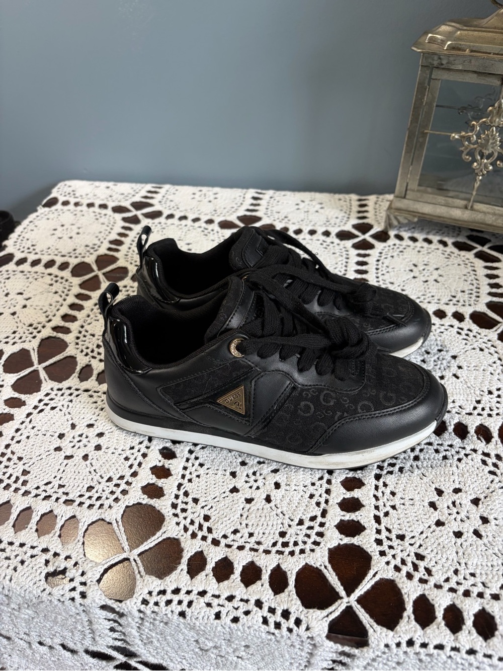 Guess Black Jaelynn G Print Low-Top Lace-Up Sneakers w/Gold/Rhinestone Accents